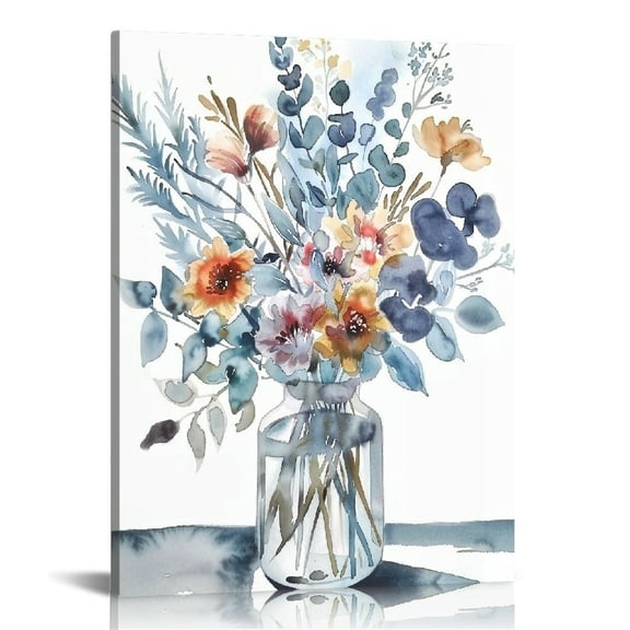 HENGT Navy Flowers Canvas Wall Art Watercolor Style Abstract Floral Pictures for Bathroom Wall Decor Elegant Botanical Canvas Painting Modern Indigo Blue Simple Life Canvas Print Decoration