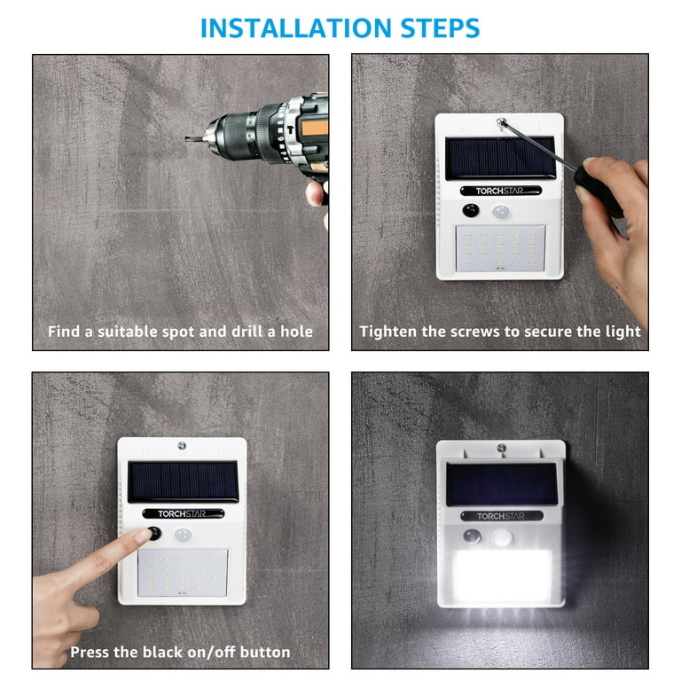 TORCHSTAR LED Solar Motion Sensor Lights, Wireless Outdoor Wall Lights, Outdoor Security Wall Mount Light for Garden, Patio, Black, Pack of 4 TORCHSTAR LED Solar Motion Sensor Lights, Wireless Outdoor Wall Lights, Outdoor Security Wall Mount Light for Garden, Patio, Black, Pack of 4