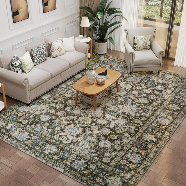 TECHMILLY Area Rug - 8x10 Large Living Room Area Rug, Non-Slip Print Floor Carpet for Dining Room, Living Room, Washable Vintage Soft Carpet,Grey