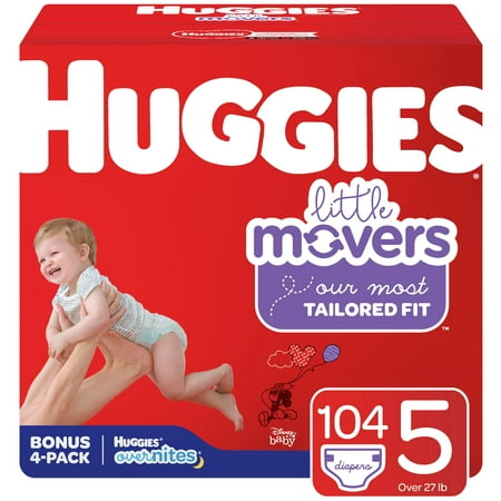 Huggies Little Movers Overnight Lotion, Latex and Fragrance Free Hypoallergenic Wetness Indicator Diapers - Mickey Mouse, Size 5, 104 Count