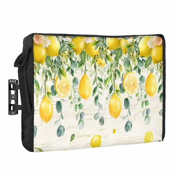 Outdoor TV Cover 60 to 65 Inches, Yellow Lemon Eucalyptus Leaf Watercolor Plant Retro Letter Waterproof TV Cover with Remote Control Pocket, Flat Screen TV Cover Protector for Outside TV