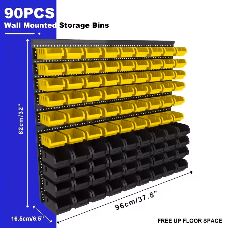 Wall-Mounted Storage Rack System with Bins and Brackets - 90 Pcs Heavy Duty Garage & Workshop Tool Organizer, Stackable for Screws, Nuts, Bolts, Nails, Beads & Small Hardware, Easy Installation