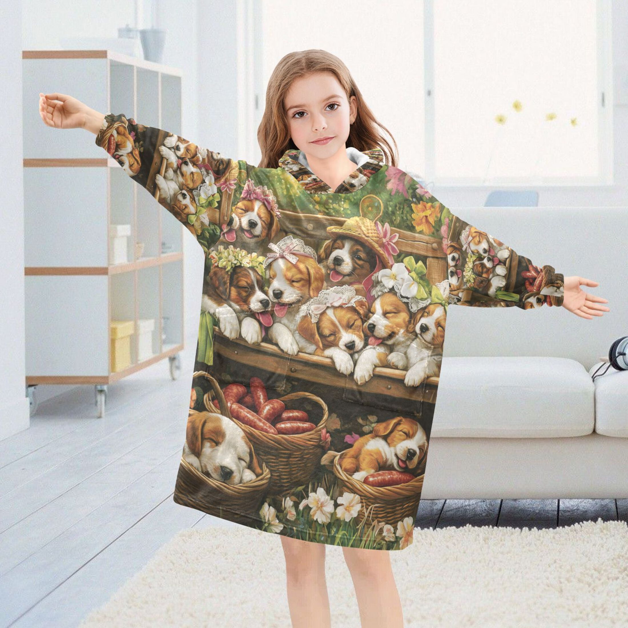 YAZAOO Kids Wearable Blanket Hoodie Warm and Cozy Puppy Playdate in Bloom Flannel Sweatshirt