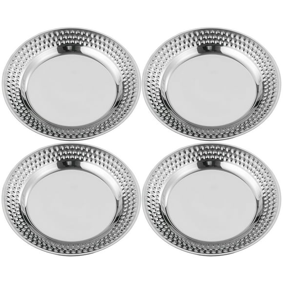 4 Pcs d'Assiettes de Charge Argentées, Assiettes Rondes en Acier Inoxydable 10,24 Po / 26 cm, Design à Bord Martelé, Surface Lisse, Décoration de Table Élégante pour Usage Domestique et Commercial, Mariage, Fête et Décor des Fêtes