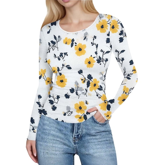 OGLCCG Womens Crewneck Shirts Long Sleeve Rib Knit Slim Fit Pullover Shirts Floral Printed Stretch Casual Blouses for Daily,XXL,White