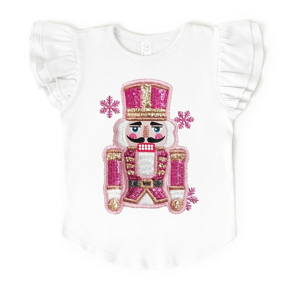 Pink Snowflake Nutcracker Patchwork Print - Flutter Sleeve Graphic T-Shirt