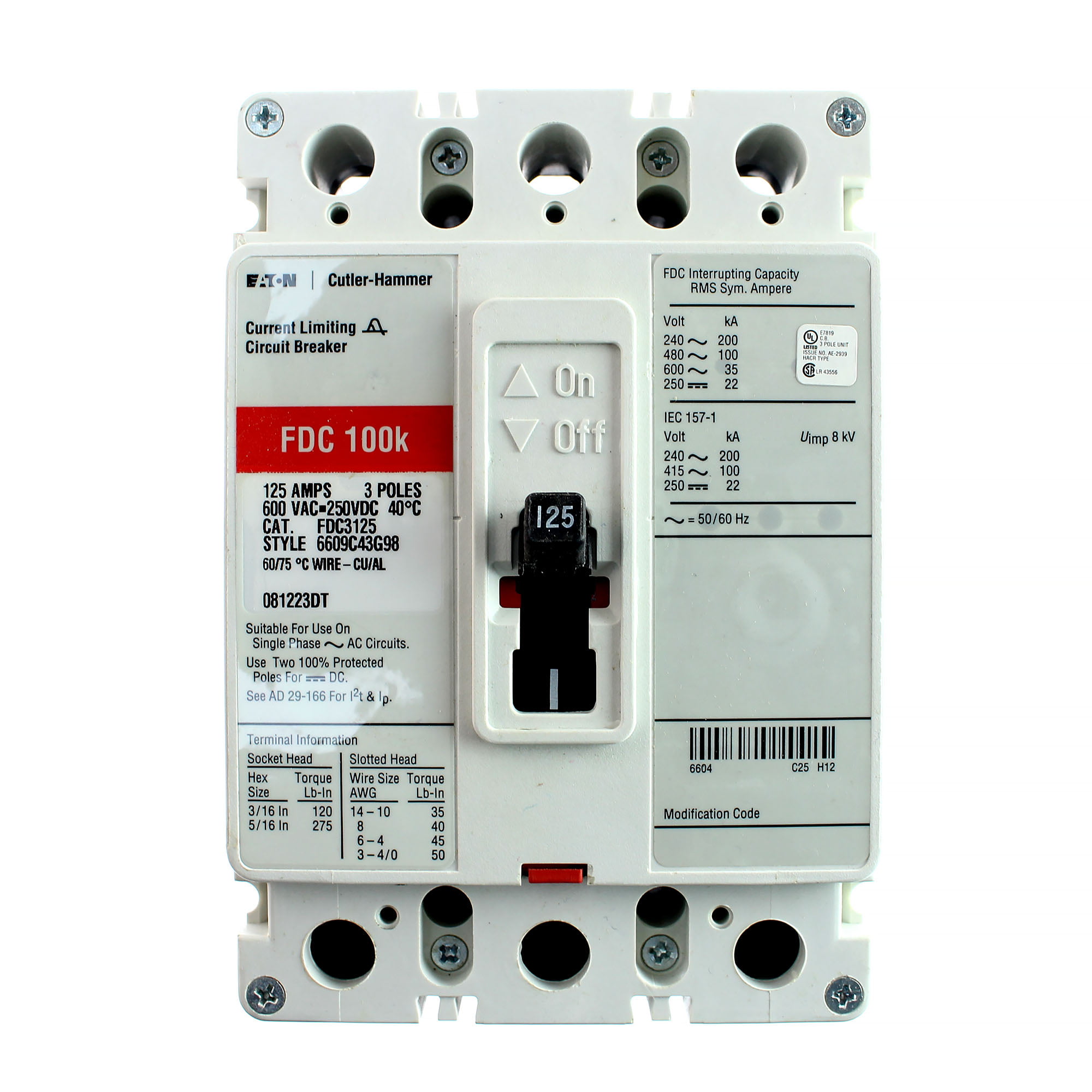 Details about   Cutler-Hammer HFDDC3125LA0205S2205 125A 600VDC Circuit Breaker 3P HFD-DC
