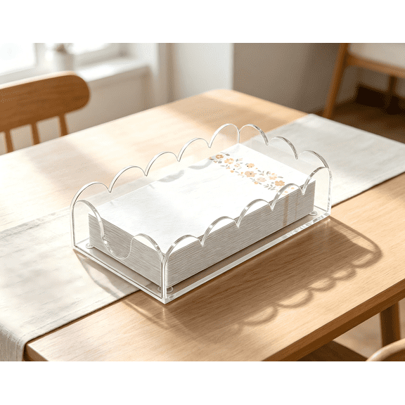 Clear Acrylic Napkin Holder with Scalloped Edge, 9x5.1x2.4 Inch Decorative Tray for Bathroom Kitchen Dining Room, Guest Hand Towel & Disposable Paper Holder for Weddings Hotels Home Decor