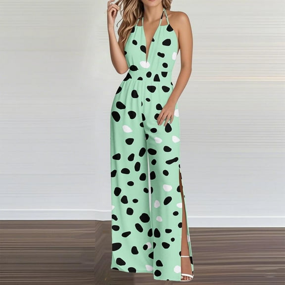 Roncen Women's Printed Overalls - Sleeveless Wide Leg Jumpsuit with Elastic Waist, Split Hem & Open Back Straps Design