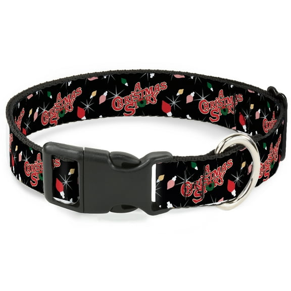 Warner Bros. Holiday Movies Pet Collar, Dog Collar Plastic Buckle, A Christmas Story Title Logo and Lights Black Reds, 7 to 8.5 Inches 0.5 Inch Wide
