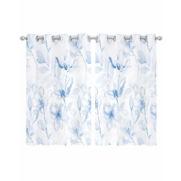 Blue Flower Sheer Curtains 39 Inch Length 2 Panels Set for Living Room/Bedroom, Watercolor Floral Botanical Line Drawing Print Kitchen Curtains Grommet Curtains Window Treatments 27.5"x39"x2