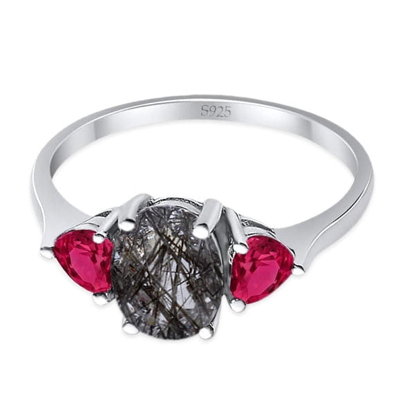 Natural Rutilated Quartz Size-5 Three Stone Oval Trio Ring Two Heart Ruby CZ Wedding Engagement Ring 925 Sterling Silver Gifts For Her