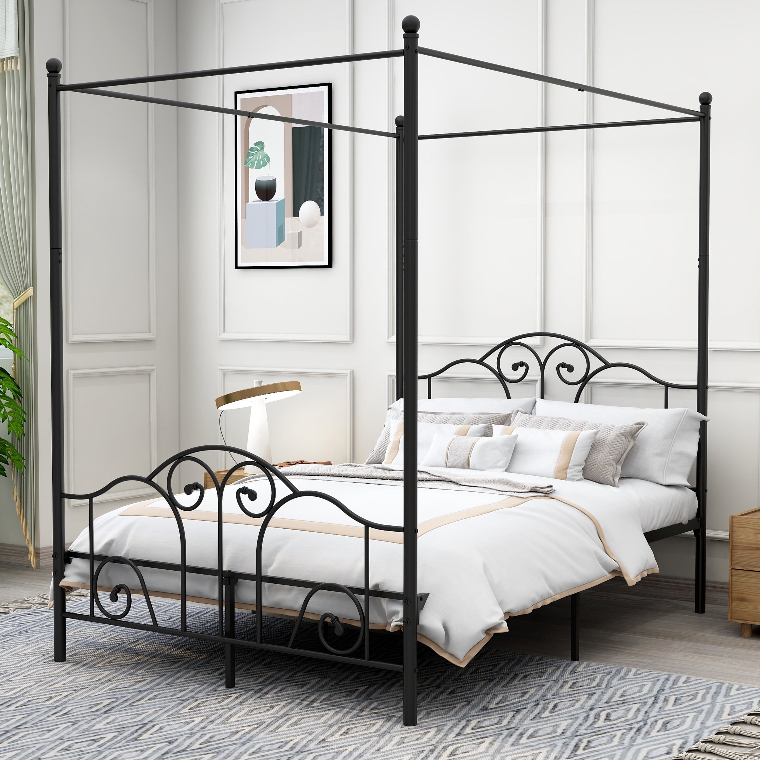 AUFANK Vintage Four Post Metal Canopy Bed Frame, Full Size, Black ...