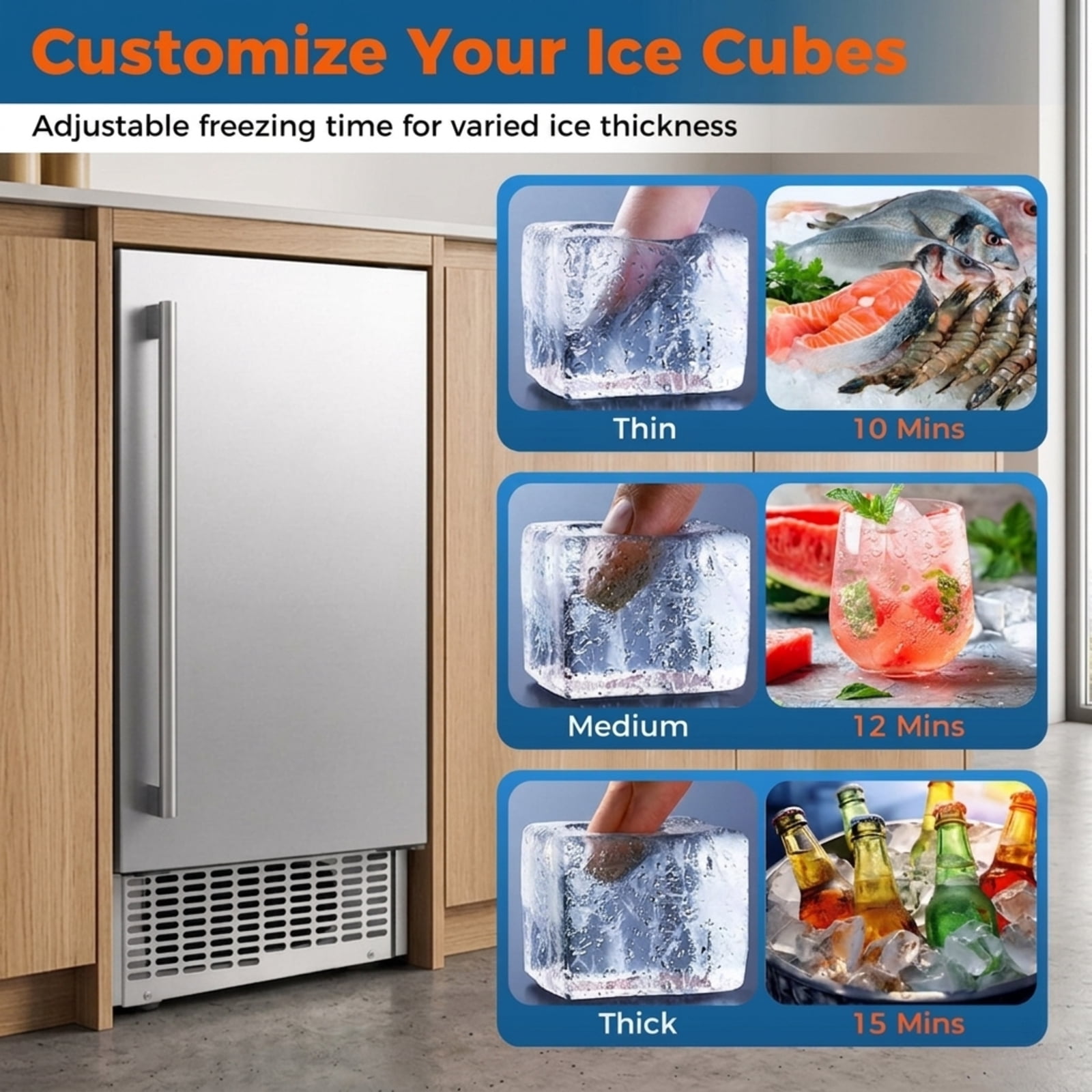 RUIE Under Counter Ice Maker 90 lbs/Day, 15 Inch Built-In Stainless Steel Ice Machine with 25 lbs Storage Bin for Home Bar Kitchen Restaurant