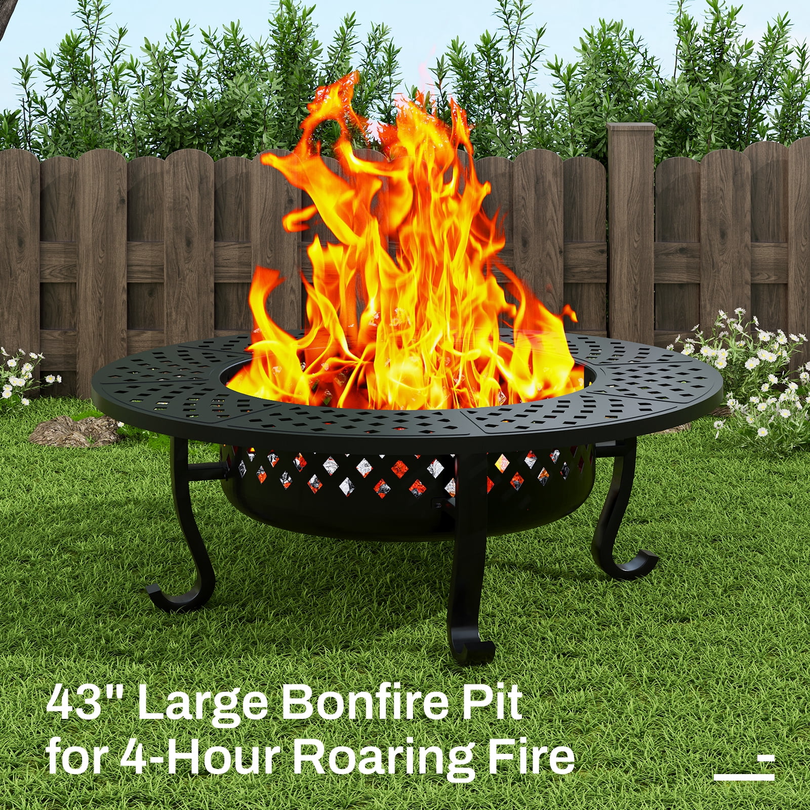 ZIENLIFE 43" Large Fire Pit with 2 Grill, Outdoor Wood Burning Firepit with Lid & Poker, Metal Round Table for Patio, Backyard, Picnic, Camping, Black