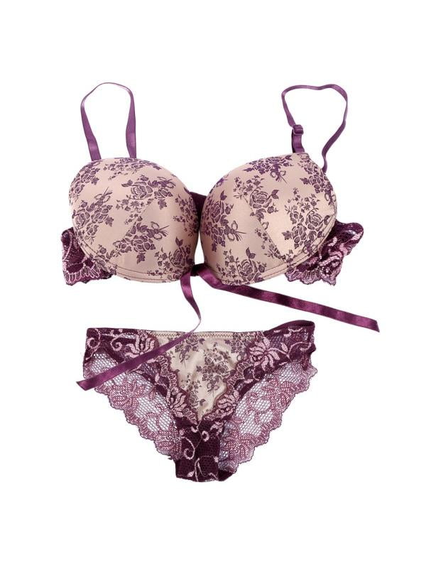 Push Up Bra Sets Lace Floral Purple Rose Women Ladies Underwear Lingerie Briefs 