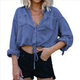 thumbnail image 1 of Camisa Vaquera Corta para Mujer, con Mangas 3/4 Enrolladas, Informal, Holgada, con Cordón Ajustable en el Dobladillo y Botones Delanteros. Azul Oscuro XL, 1 of 6