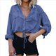 thumbnail image 1 of Camisa Vaquera Corta para Mujer, con Mangas 3/4 Enrolladas, Informal, Holgada, con Cordón Ajustable en el Dobladillo y Botones Delanteros. Azul Oscuro L, 1 of 6