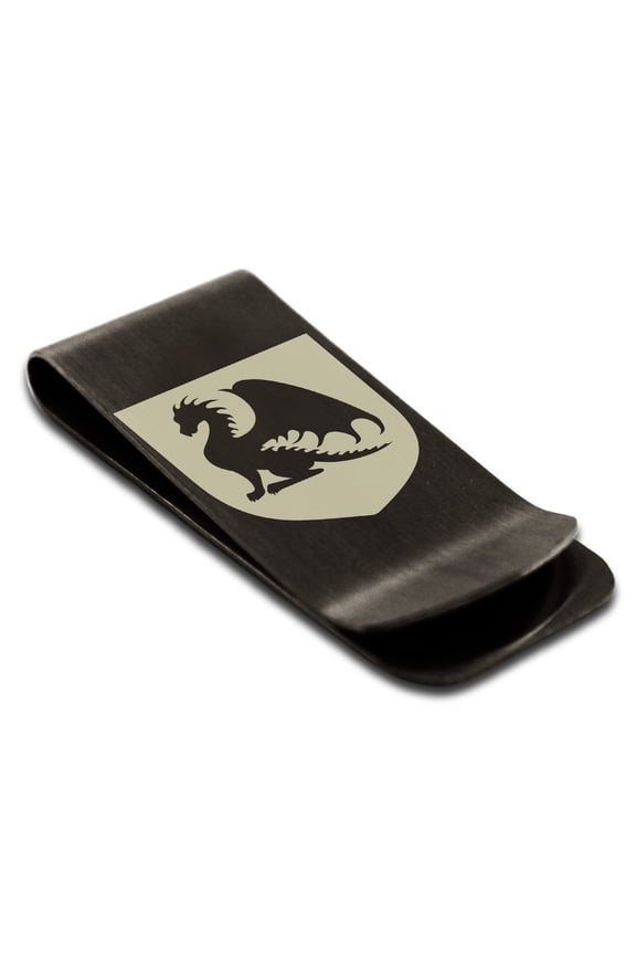 Stainless Steel Dragon Guardian Coat of Arms Shield Engraved Money Clip Credit Card Holder