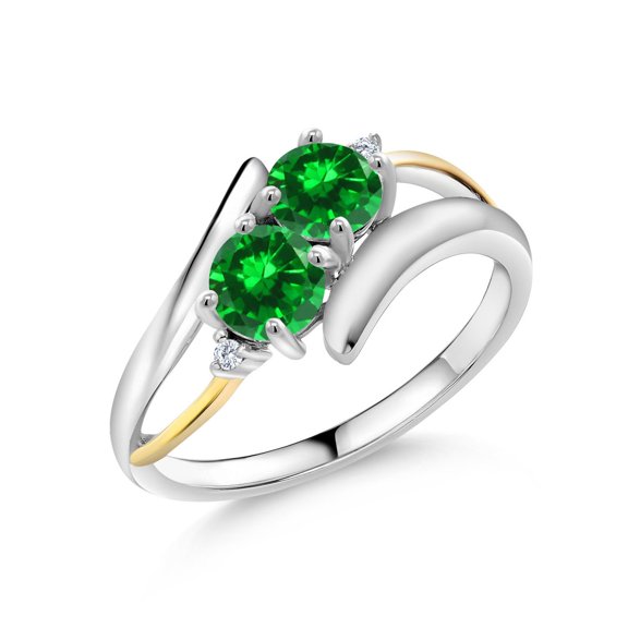 Gem Stone King 925 Sterling Silver and 10K Yellow Gold Green Created Emerald Women Ring (1.70 Cttw, Round 5MM, Size 6)