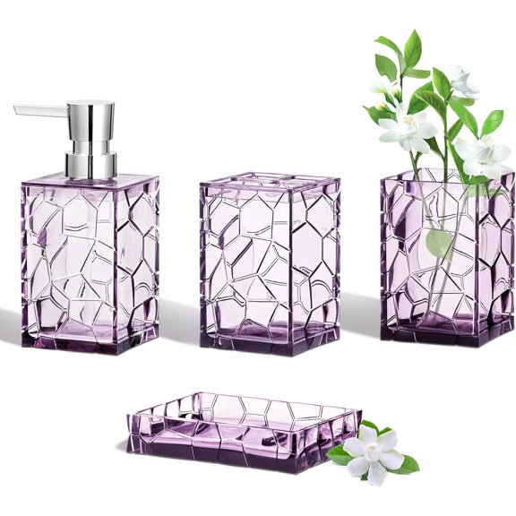 Bathroom Accessories Set, Lavender Purple Acrylic Counter Set with Toothbrush Holder, Soap Dispenser, Tumbler, Dish, Boho Modern Decor, Ideal Gift Choice