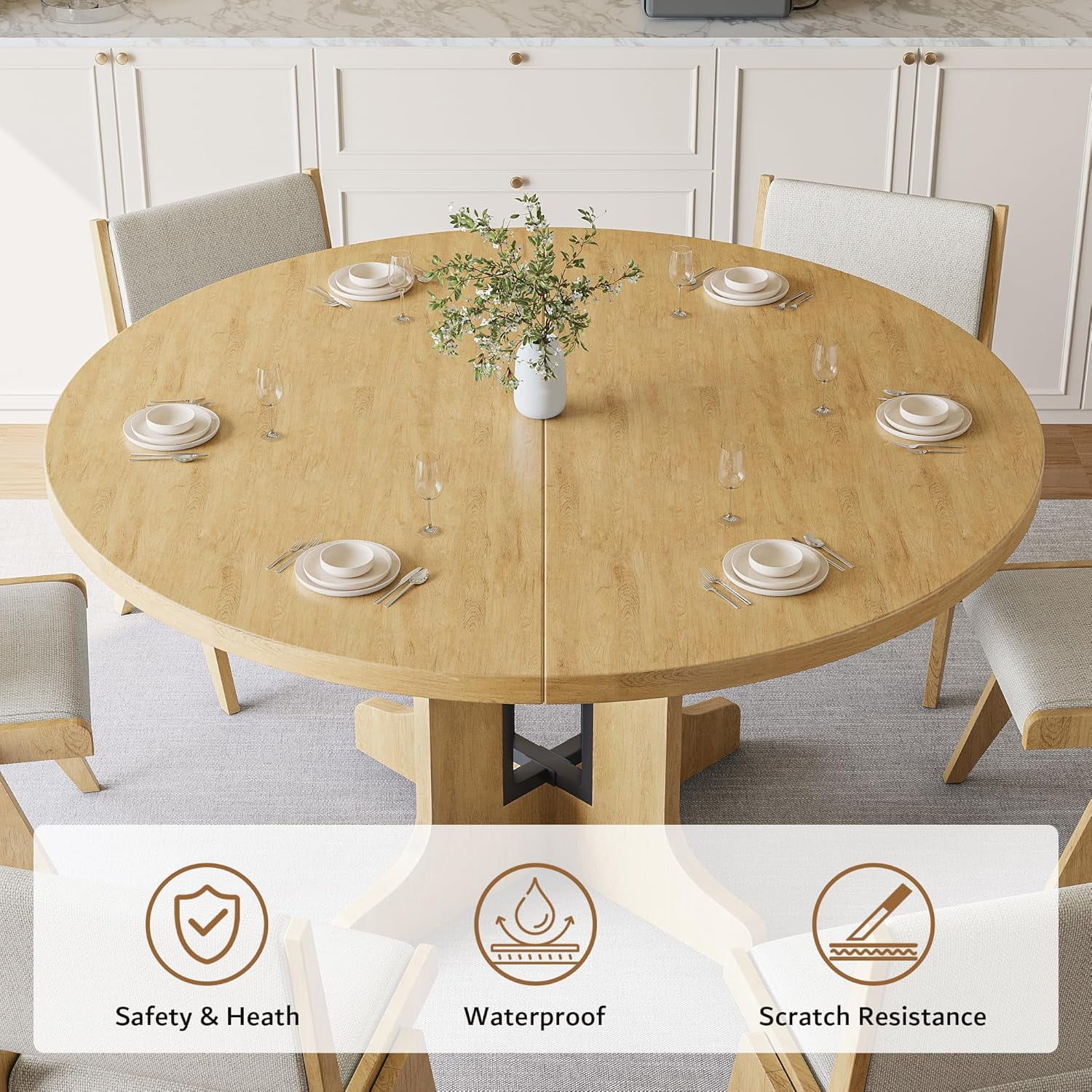 iPormis 59" Round Extendable Dining Room Table for 6, Modern Oval Kitchen Table with Heavy Duty Wood Base, Dinette for Kitchen Living Room,Oak