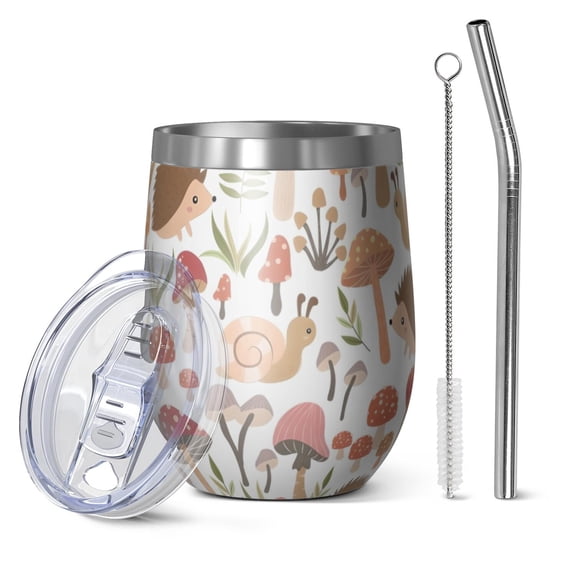 12oz Stemless Wine Tumblers Cute Hedgehogs and Red Mushrooms Snails Pattern Vacuum Insulated Stainless Steel Travel Tumbler Cups Mug with Lid and Straw for Champaign,Cocktail,Beer with Cleaning Brush