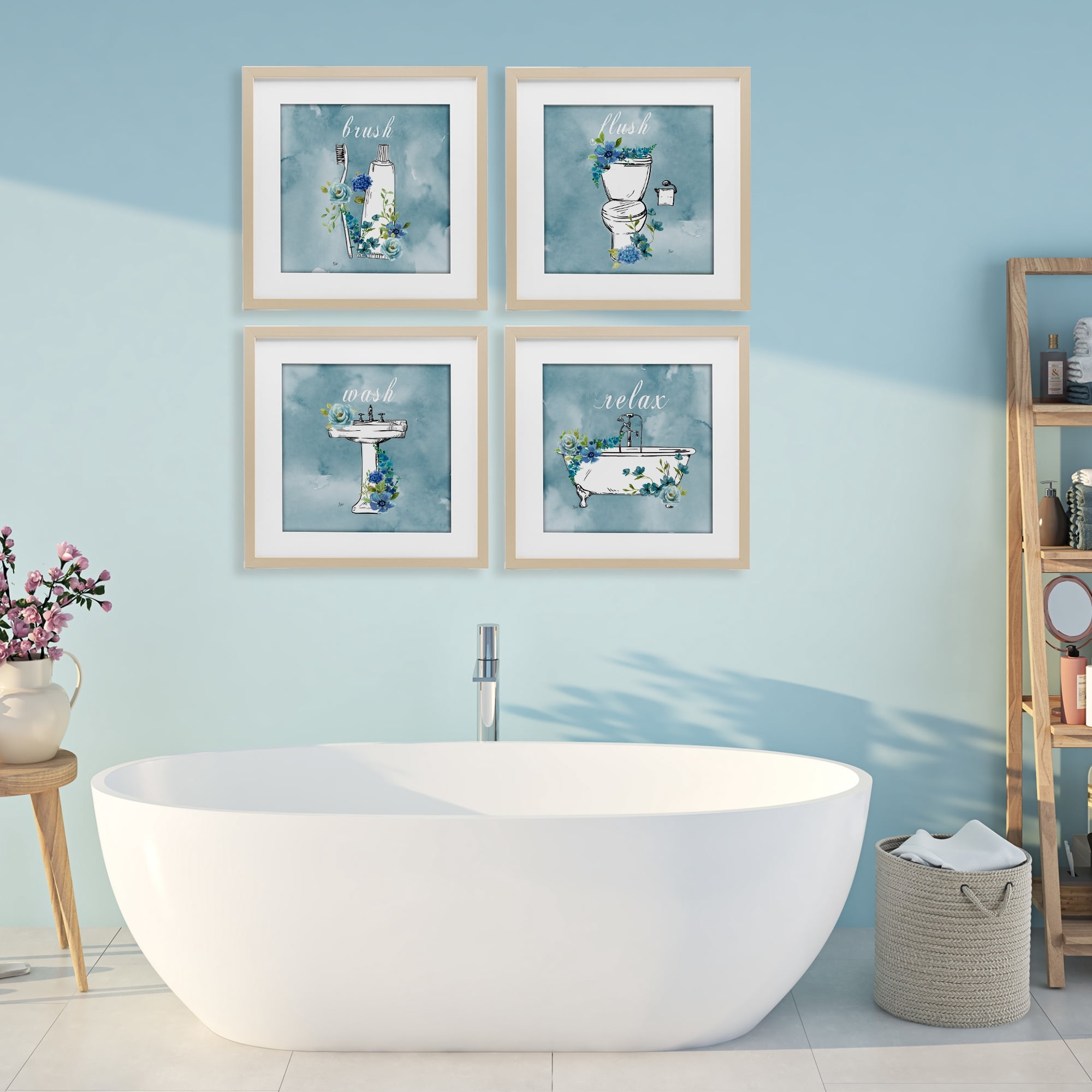 Stupell Industries Blue Floral Bathroom Rules 4 Piece Birch Framed Print Under Glass Set, design by Nan