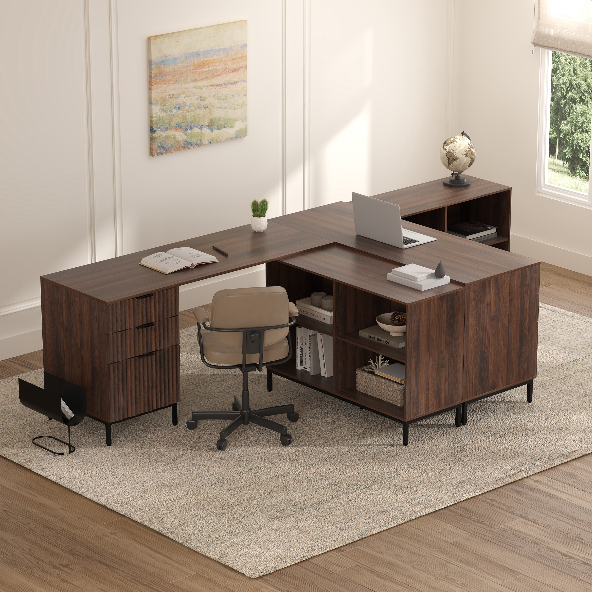 EYYTHUNG 60" Fluted Executive Desk with Storage Cabinet, Modern Home Office Desk with File Drawer, L Shaped Writing Desk Brown