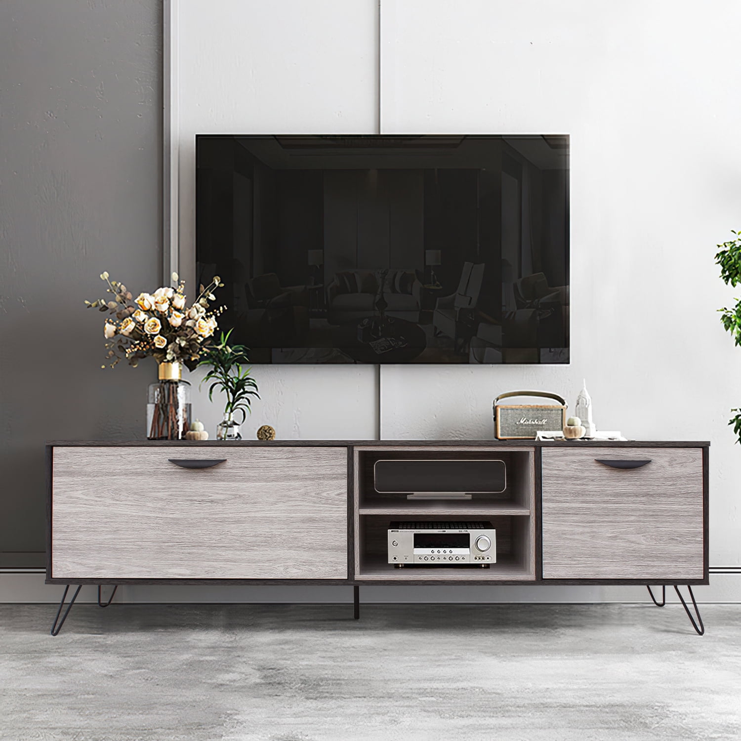 Kadyn Mid Century TV Stand Console, Fiberboard TV Console for TV up to 79 Inch, Modern TV Cabinet with 2 Cabinets & Shelves, Plaid Grey Oak