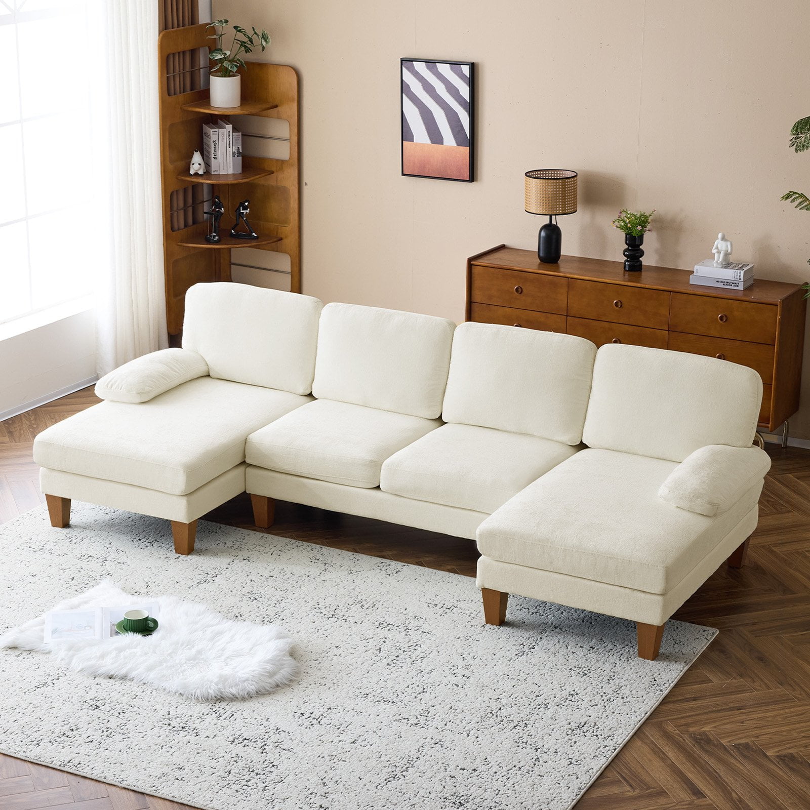 Ktaxon U-Shaped Sectional Sofa, 111"  Chenille Couch, 4 Seat Lounge Sleeper with Double Chaise for Living Room Off White