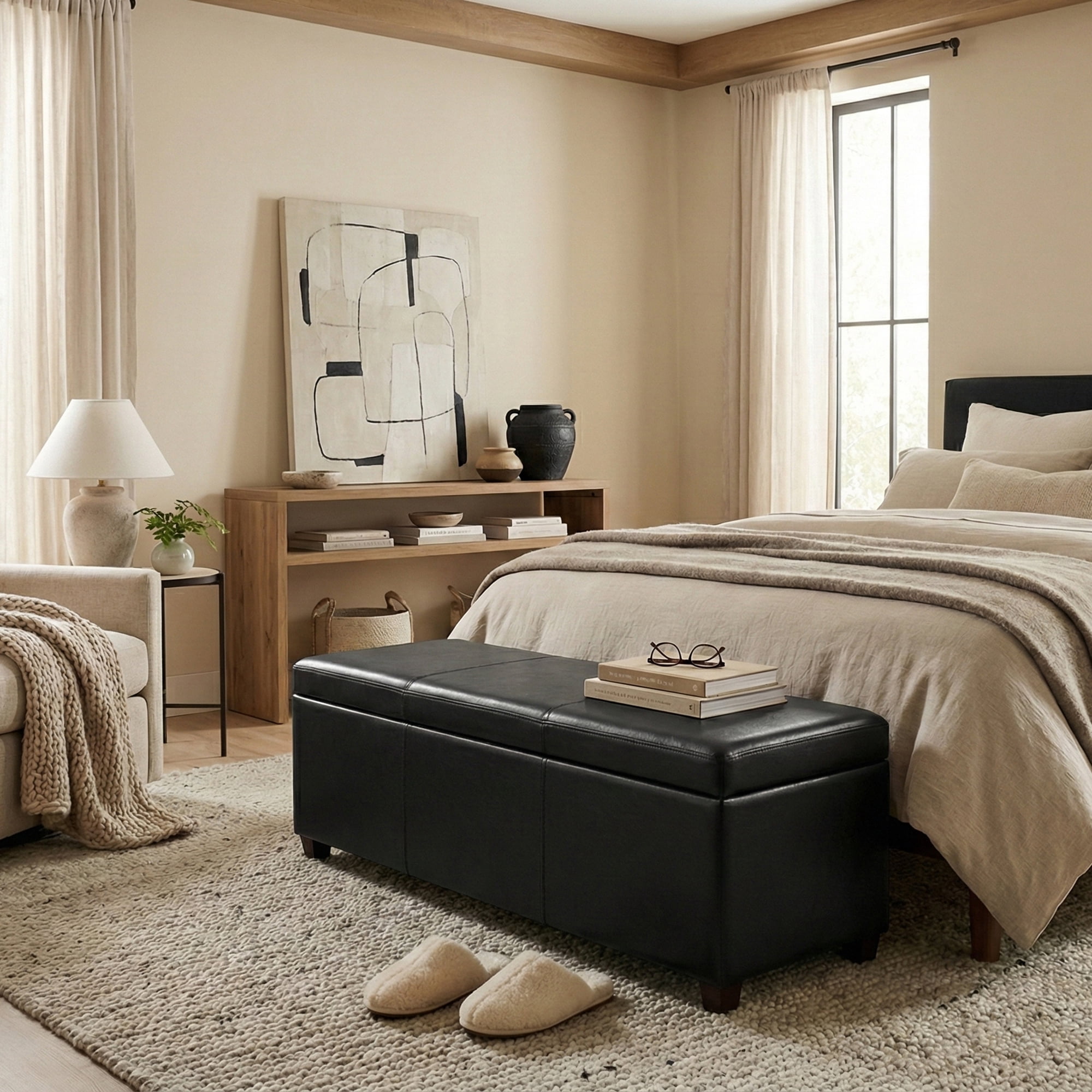 Avalon 54 inch Wide Contemporary Extra Large Storage Ottoman Bench in Midnight Black Vegan Leather