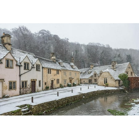 Snow covered houses by By Brook in Castle Combe, Wiltshire, England, United Kingdom, Europe Print Wall Art By Paul