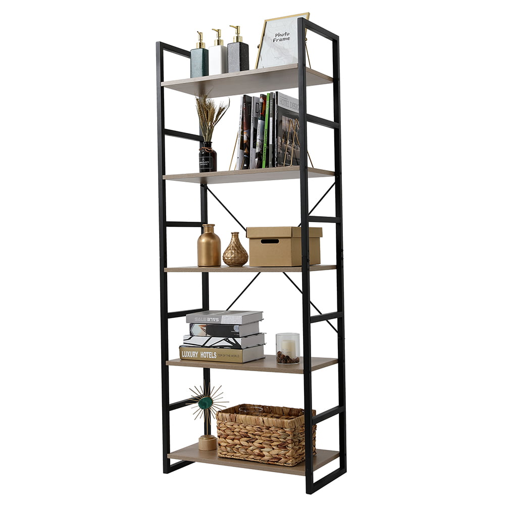 Details about   5-Tier Wood Bookcase wi/ Metal Frames Shelf Organizer Industrial Storage Shelves 