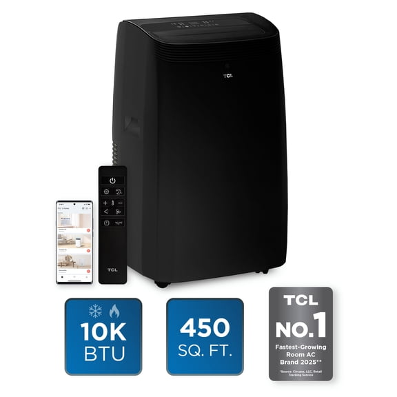 TCL 10,000 BTU Smart Portable Air Conditioner/Heater with Fan & Dehumidifier Modes (Black) - 450 Sq ft, Dual Function, All Season Comfort - W10PH95-B5