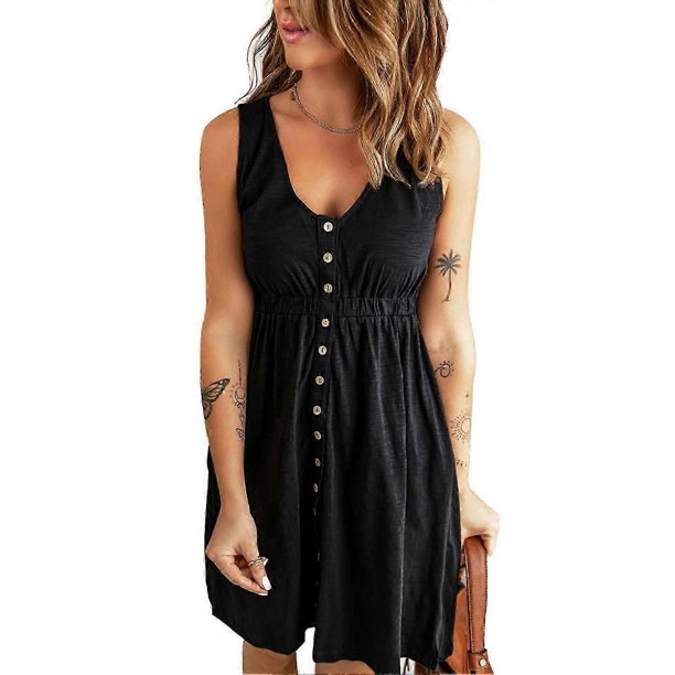 Women Short Dress V Neck Front Single Breasted Elastic Waist Sleeveless Dress for Summer Wear