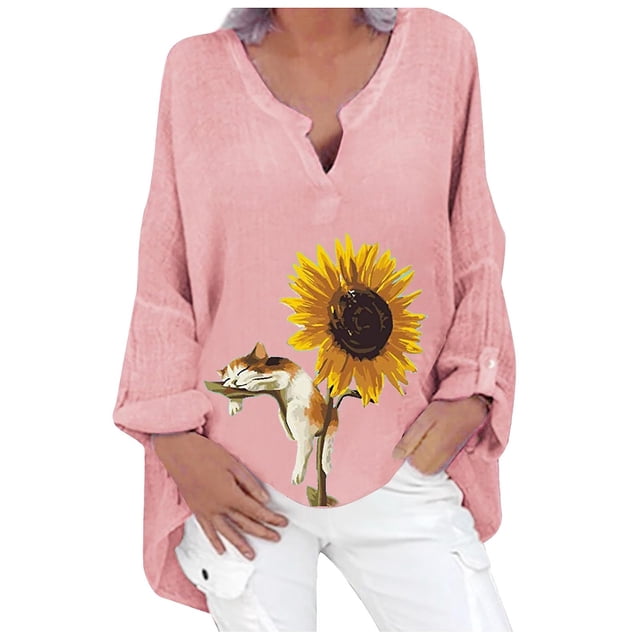 Blusa tipo camisa HUOGUO, talla grande, estampado floral, cuello en V, para mujer
