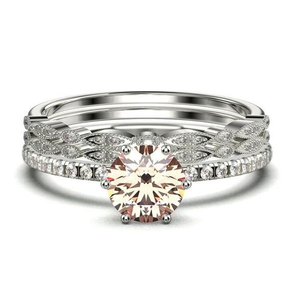 Beautiful Art Deco 2.25 Carat Round Cut Morganite And Diamond Moissanite Engagement Ring, Wedding Ring, Two Matching Band in 10k Solid White Gold, Gift For Her Gift For Girlfriend Promise Ring