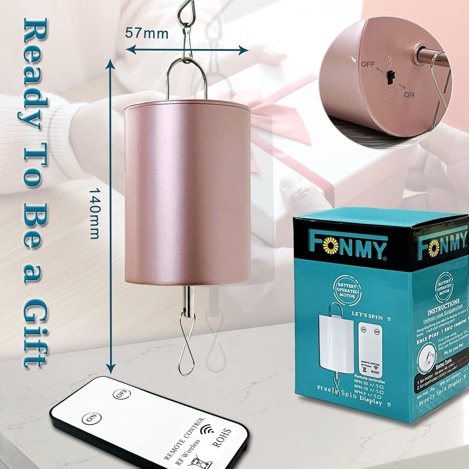 Fonmy Hanging Spinner Motor Copper Pink 10RPM Rotating for Hanging Decor Ornament - Wind Chimes  Wind Spinner with Mini Remote Controller for Battery Operated Motor