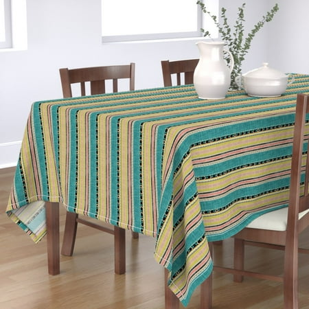 

Cotton Sateen Tablecloth 90 Square - Boho Stripe Teal Peach Southwestern Chartreuse Blue Pink Yellow Summer Bohemian Stripes Print Custom Table Linens by Spoonflower