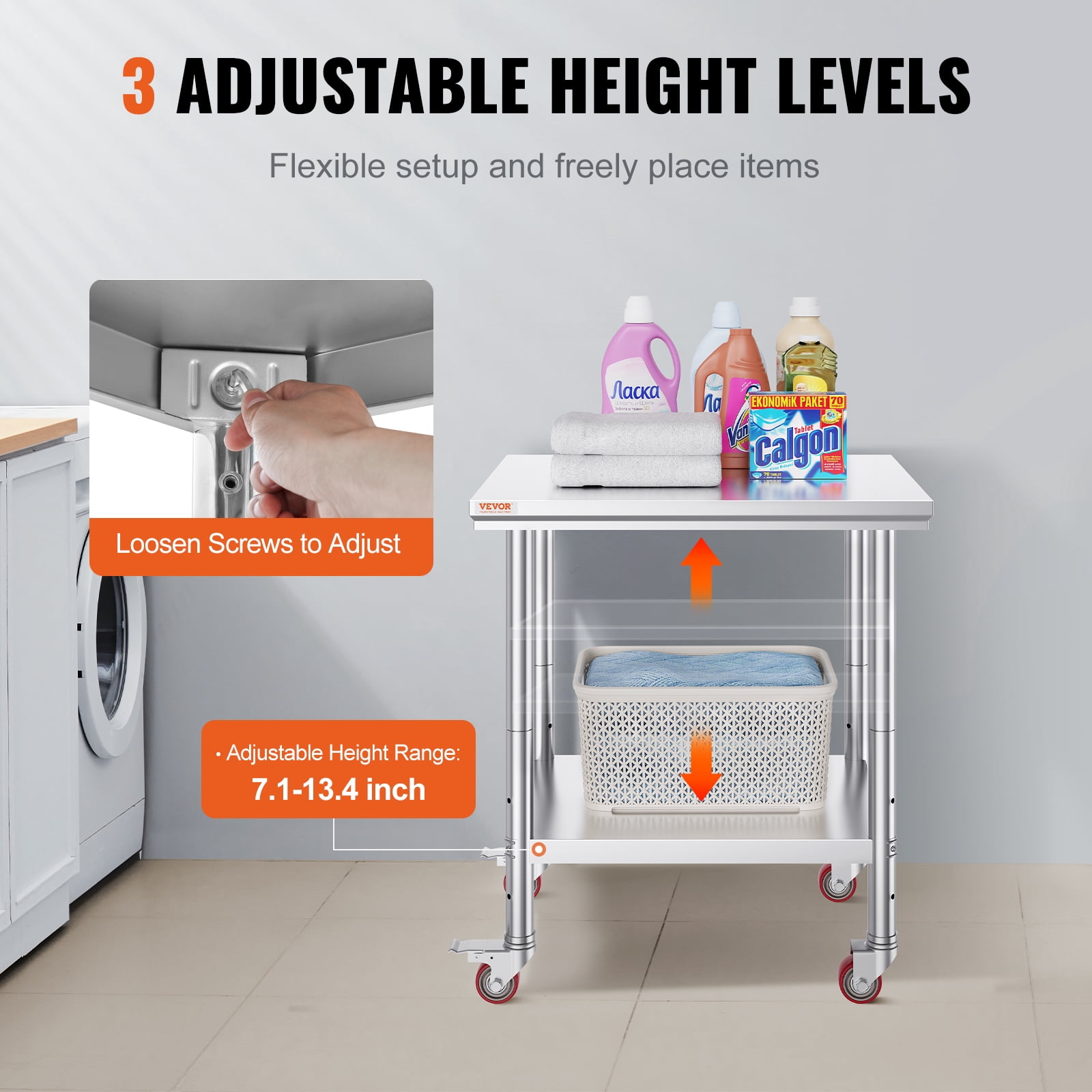VEVOR Stainless Steel Work Table 30 x 24 x 33 Inch, 700 LBS Load Capacity with 4 Wheels, 3 Adjustable Height Levels, Heavy Duty Food Prep Worktable for Commercial Kitchen Restaurant, Silver