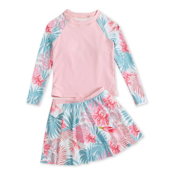URMAGIC URMAIC Girls Long Sleeve Rash Guard with Skirt Bikini Two Pieces Floral Swimsuit,2-12Y