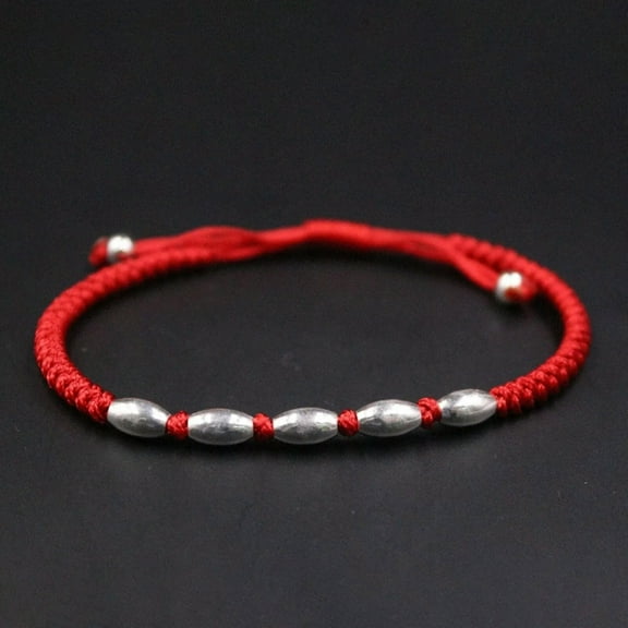 K-KED Pure S925 Sterling Silver Chain Glossy Olive Beads Red String Braided Bracelet