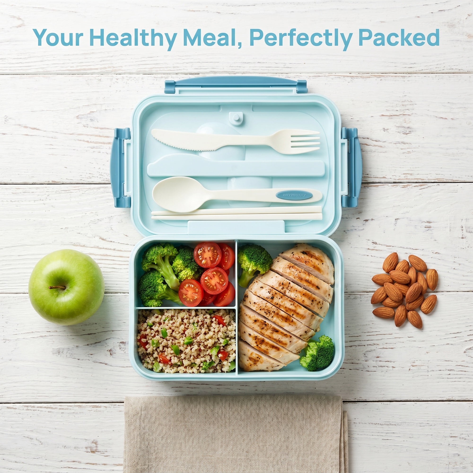 Unique Bargains 3-Compartment Leak-Proof  Lunch Bento Box with Utensils Royal Blue-1