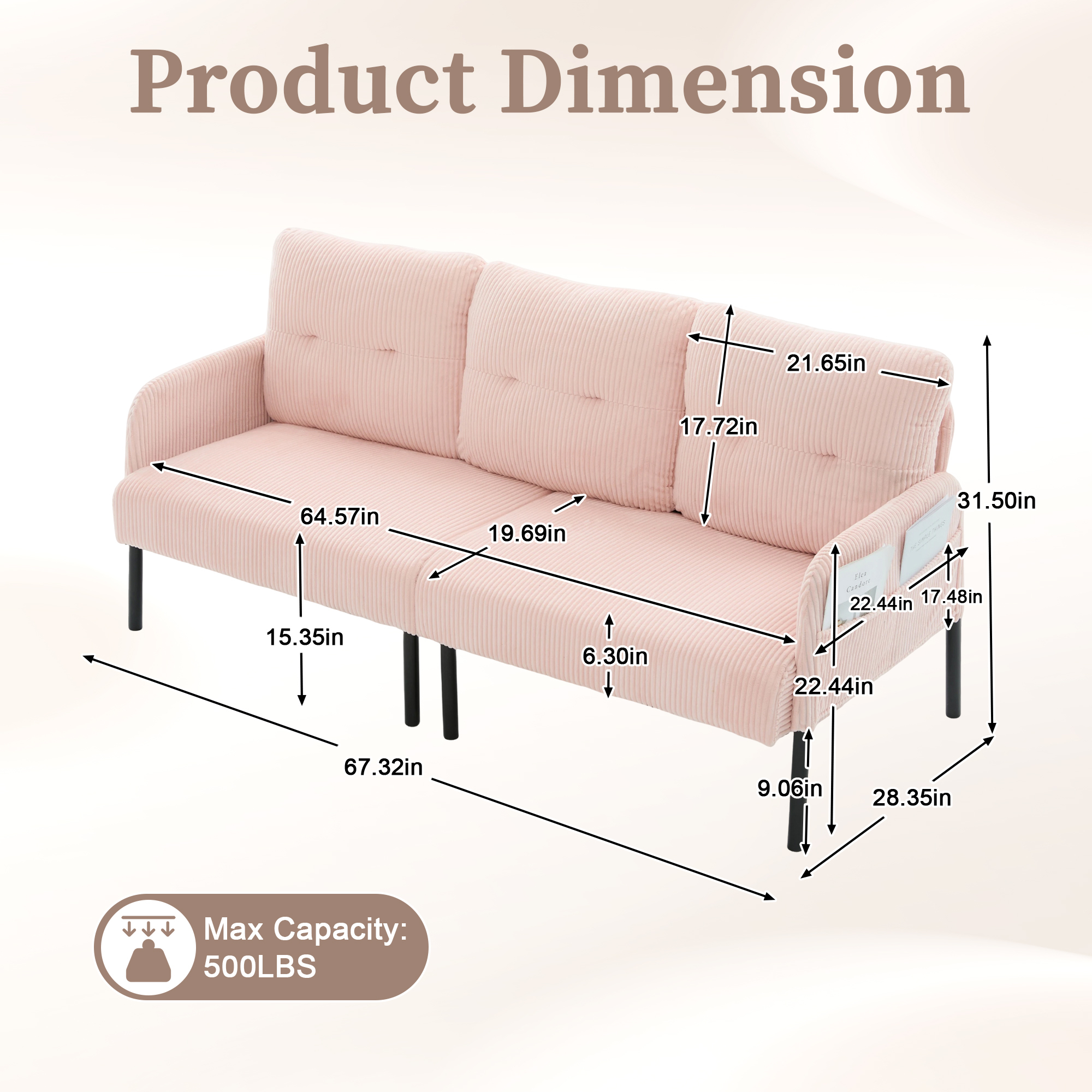 Leumius Oversized Loveseat, Modern & Plush Double-seater Sofa, Corduroy Upholstered Couch, Cozy Bedroom Sofa with Metal Legs & Side Pockets for Living Room Bedroom Dorm Apartment Pink