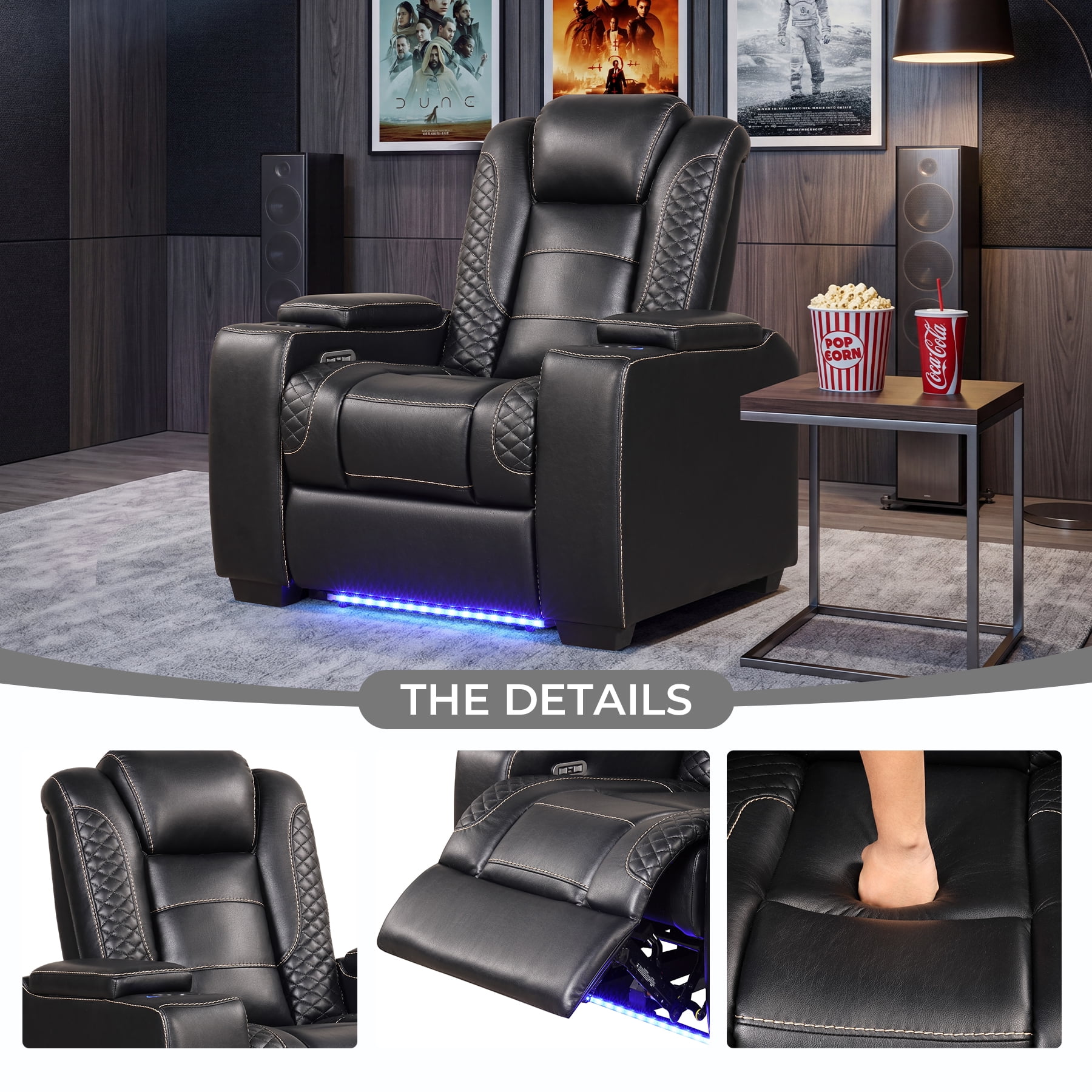 Bonzy Home Power Controlled Electric Recliner with Adjustable Headrest & LED Lighting, USB Ports Cup Holders, Home Theater Seating Reclining Chair, Black