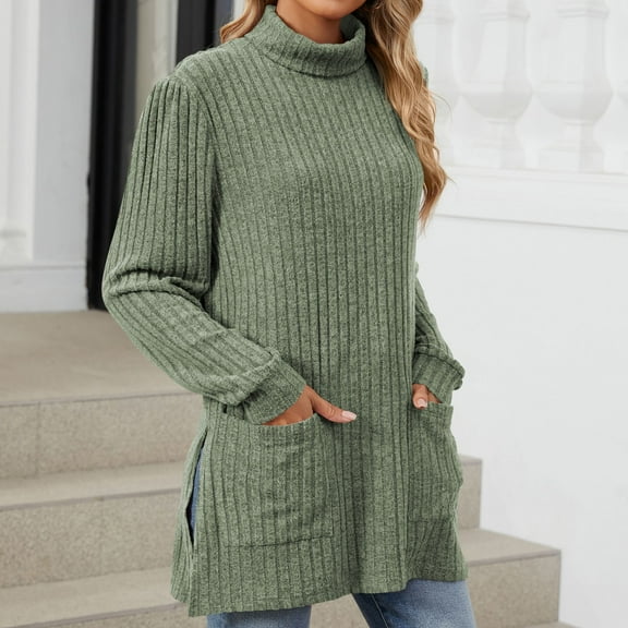 Zedker Women'S Elegant Side Slit High Neck Casual Long Sleeve Thermal Sweaters with Pockets,Comfy Pits Striped Knitted Tops for Fall,Army Green,L