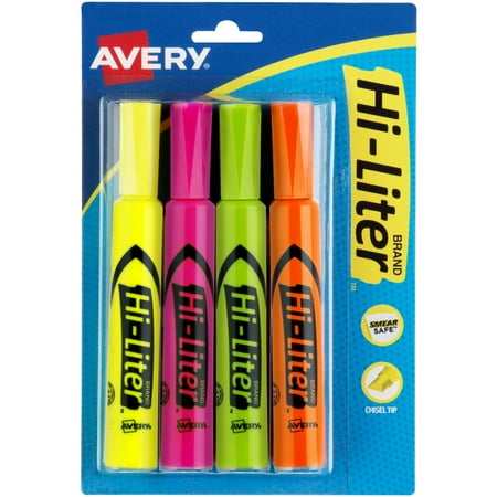 - Avery Hi-Liter Desk-Style Highlighters, Assorted Colors, Smear Safe, Nontoxic, 4 Highlighters (24063)