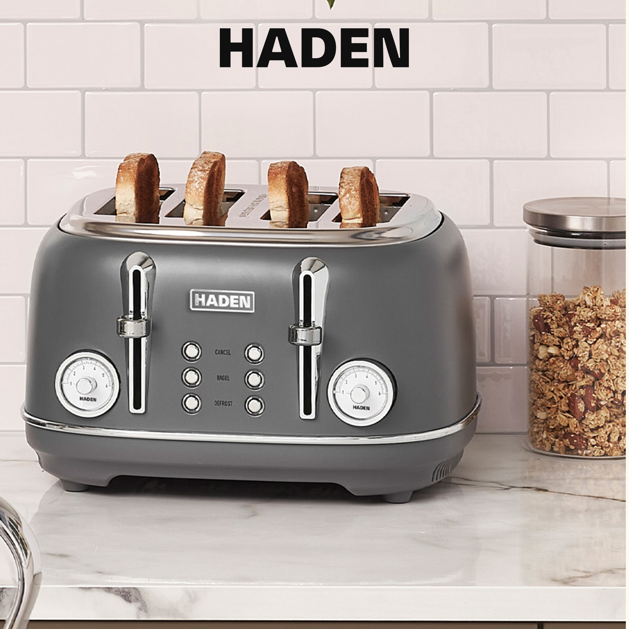 Haden Chelsea Stainless Steel 4 Slice Toaster w/Extra Wide Slots, Grey