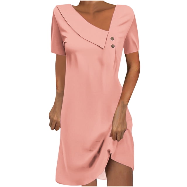 Robe Mi-Mollet à Manches Courtes et Col Rond, Mode Féminine Robe Mi-Mollet à Manches Courtes et Col Rond Couleur Unie